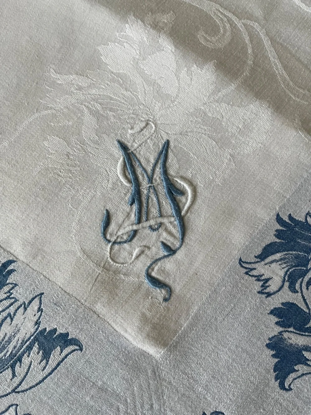 Vintage French Style Floral Damask Tablecloth with Embroidered Monogram MS